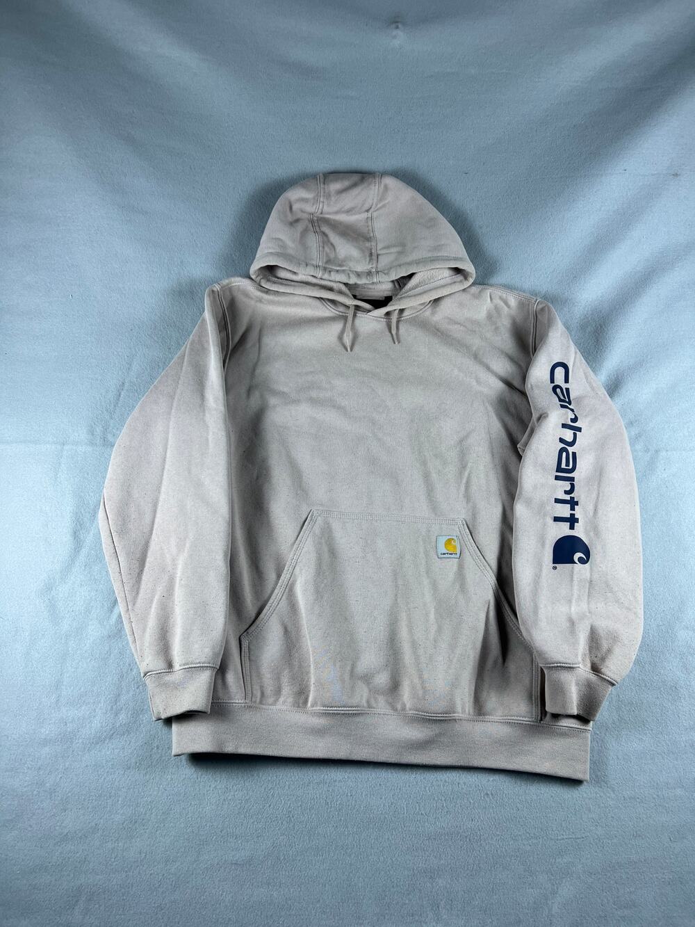 Carhartt Hoodie Mens XL Beige Sleeve Graphic Logo Loose Fit Fleece Sweatshirt